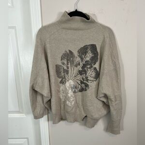 Piazza Sempione Cream Cashmere Leaf Print Turtleneck Sweater, Large